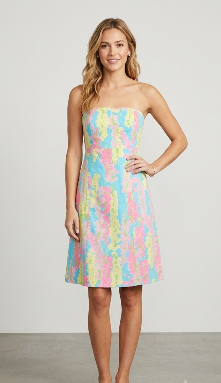 Vintage Lilly Pulitzer Snappy Dragonfly Strapless Dress Blue Pink US 2